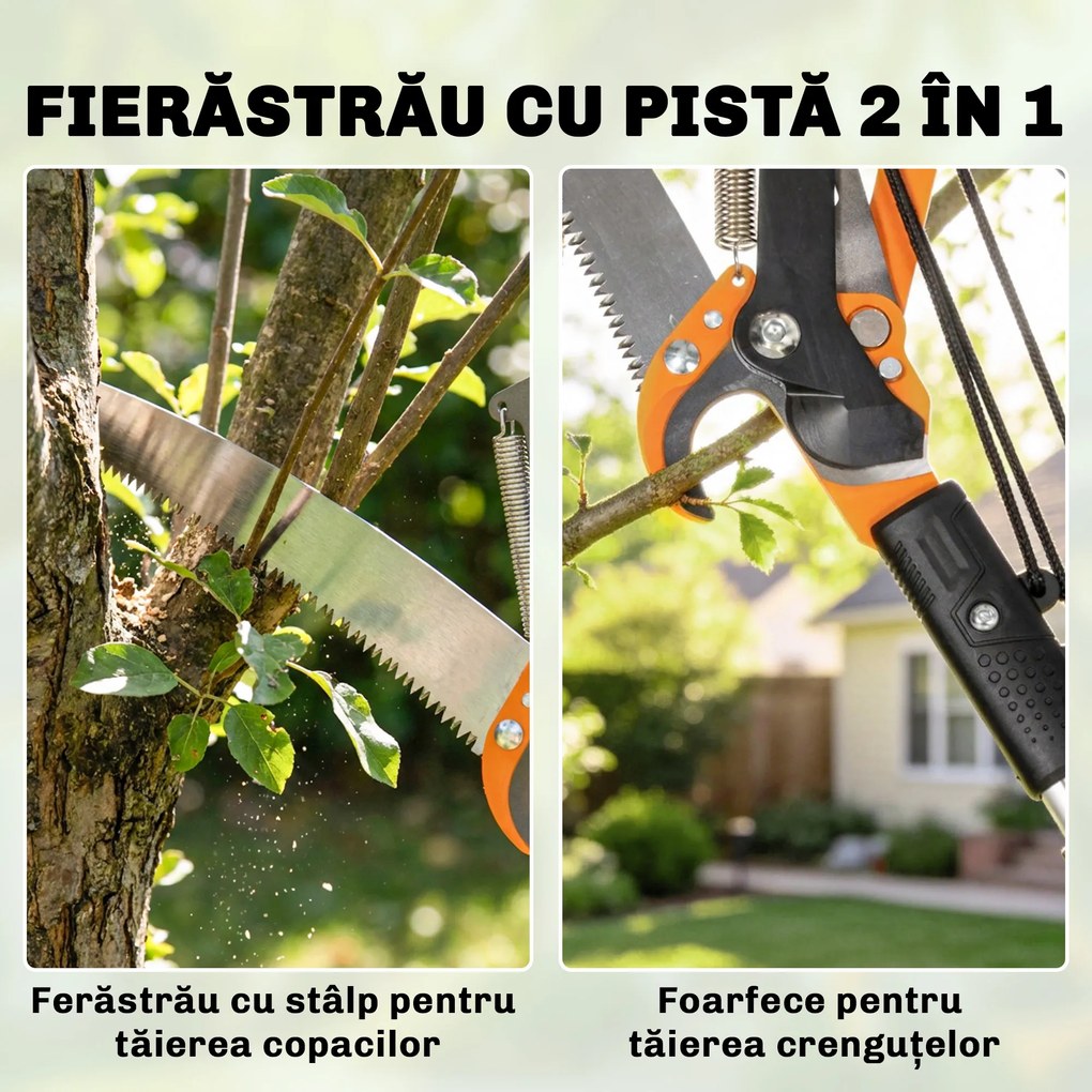 Outsunny Ferăstrău Manual 2-în-1 cu Tijă Telescopică din Aluminiu de 2-3 m, Ferăstrău de Tăiere și Foarfece cu Blocare de Siguranță | Aosom Romania