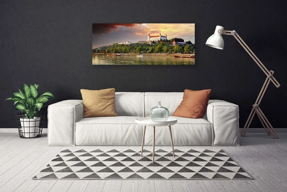 Tablou pe panza canvas City Lake Peisaj Alb Brun Verde
