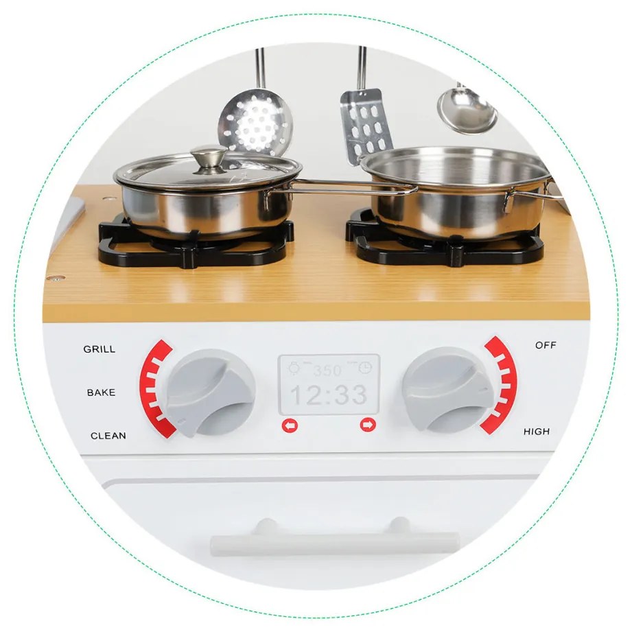 Bucătărie din lemn pentru copii cu lumini și oale