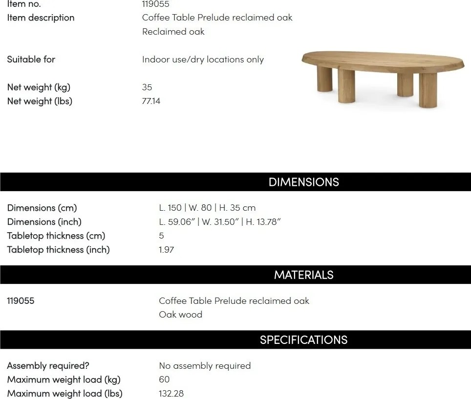 Masuta de cafea din lemn design LUX Prelude, Reclaimed oak