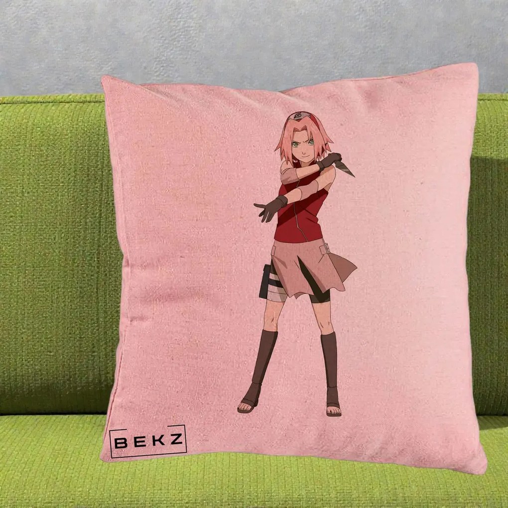 Perna Personalizata Naruto Sakura Haruno Portret, 40x40 cm, Roz, Husa Detasabila, Perna Inclusa, BEKZ®