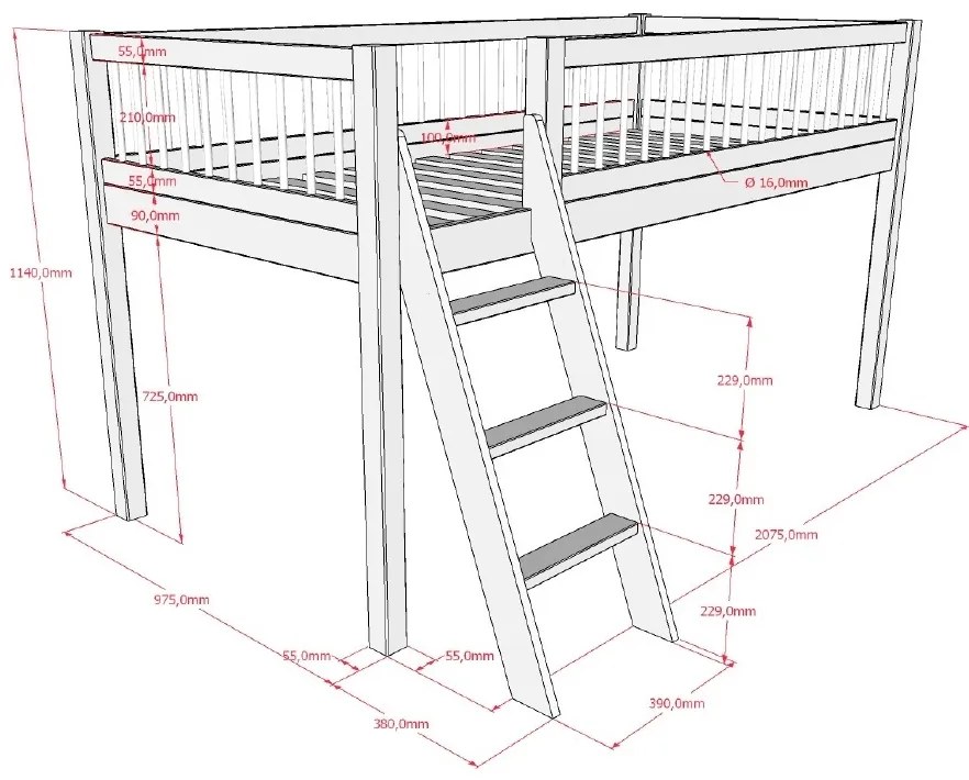 Pat Semi-Înălțat (Mid Sleeper) Forrest Beech 90x200 cm, pentru Camera Copii, din Lemn de Fag, cu Set Textil – Vipack