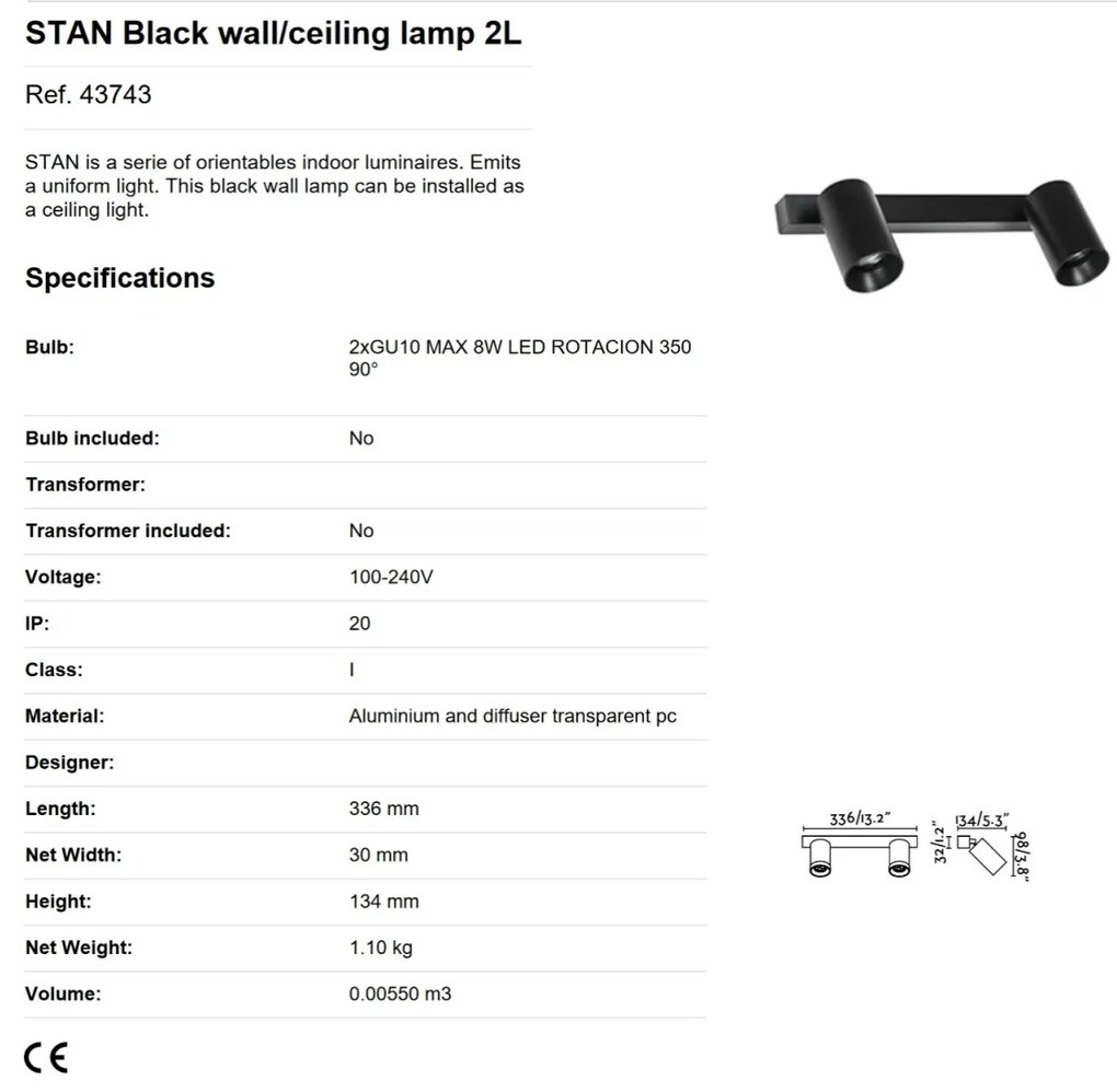Aplica perete / tavan cu 2 spoturi directionabile design modern STAN 2L neagra