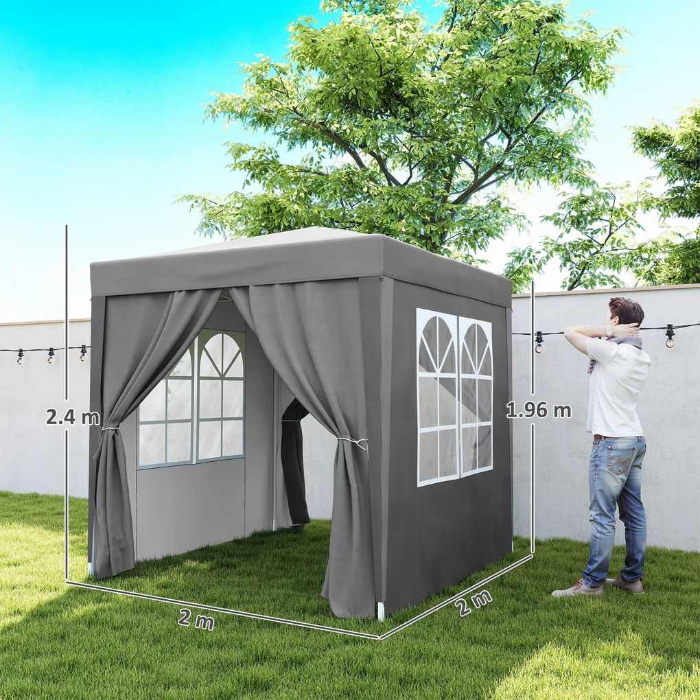 Outsunny Foișor Pliabil 2x2 m Pop Up cu 2 Uși, 2 Ferestre, 4 Pereți Detașabili, Foișor de Exterior cu Husă de Transport din Oțel și Țesătură Oxford, pentru Grădină, Petreceri, Camping, Gri | Aosom Romania