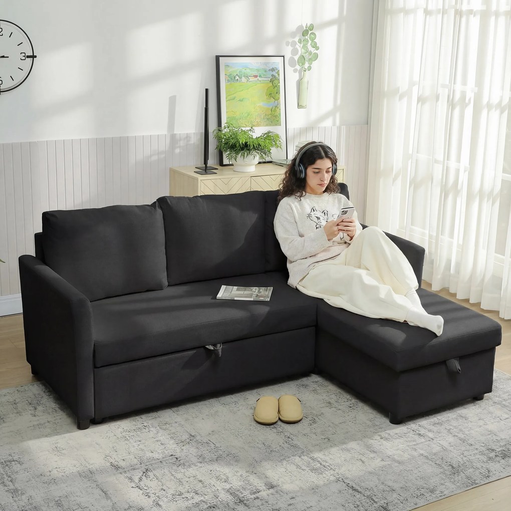 HOMCOM Canapea Extensibilă cu 3 Locuri și Șezlong Convertibil, Canapea de Colț Pliabilă cu Compartiment de Depozitare și 3 Perne Detașabile, Material Textil cu Efect de In, Living, 192x148x86cm, Gri Închis | Aosom Romania