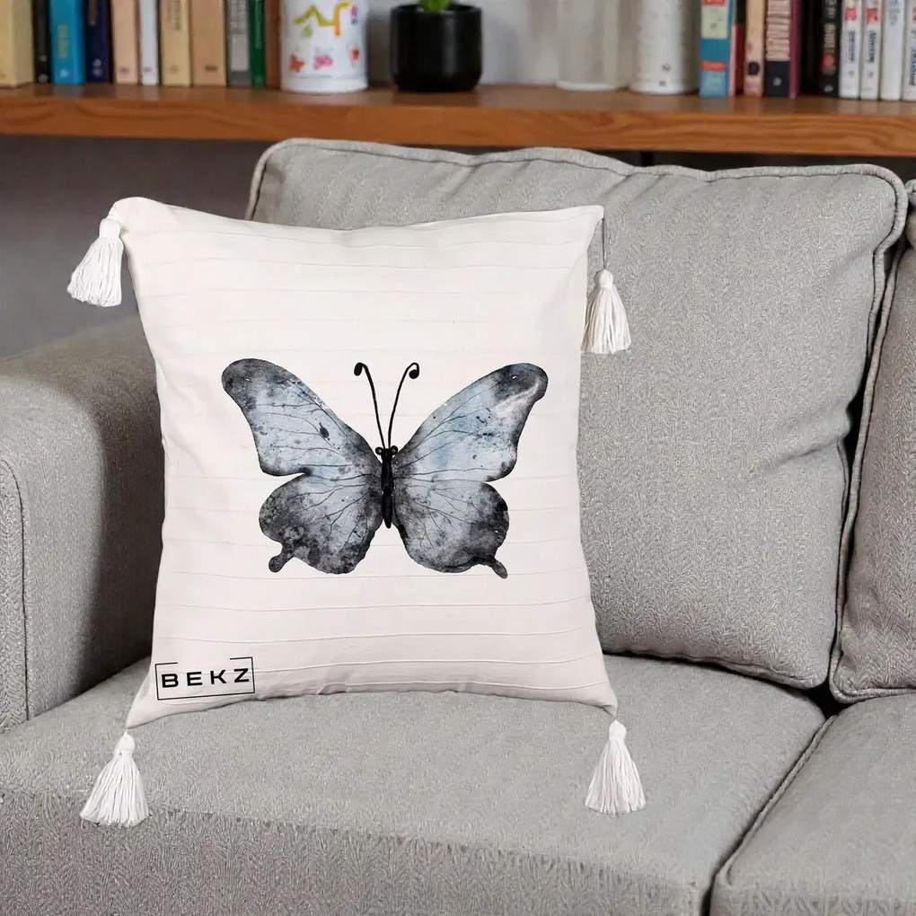 Perna Decorativa Fluture Acuarela Albastru-Gri, 40x40 cm, Bej cu Franjuri, Husa Detasabila, Perna Inclusa, BEKZ®