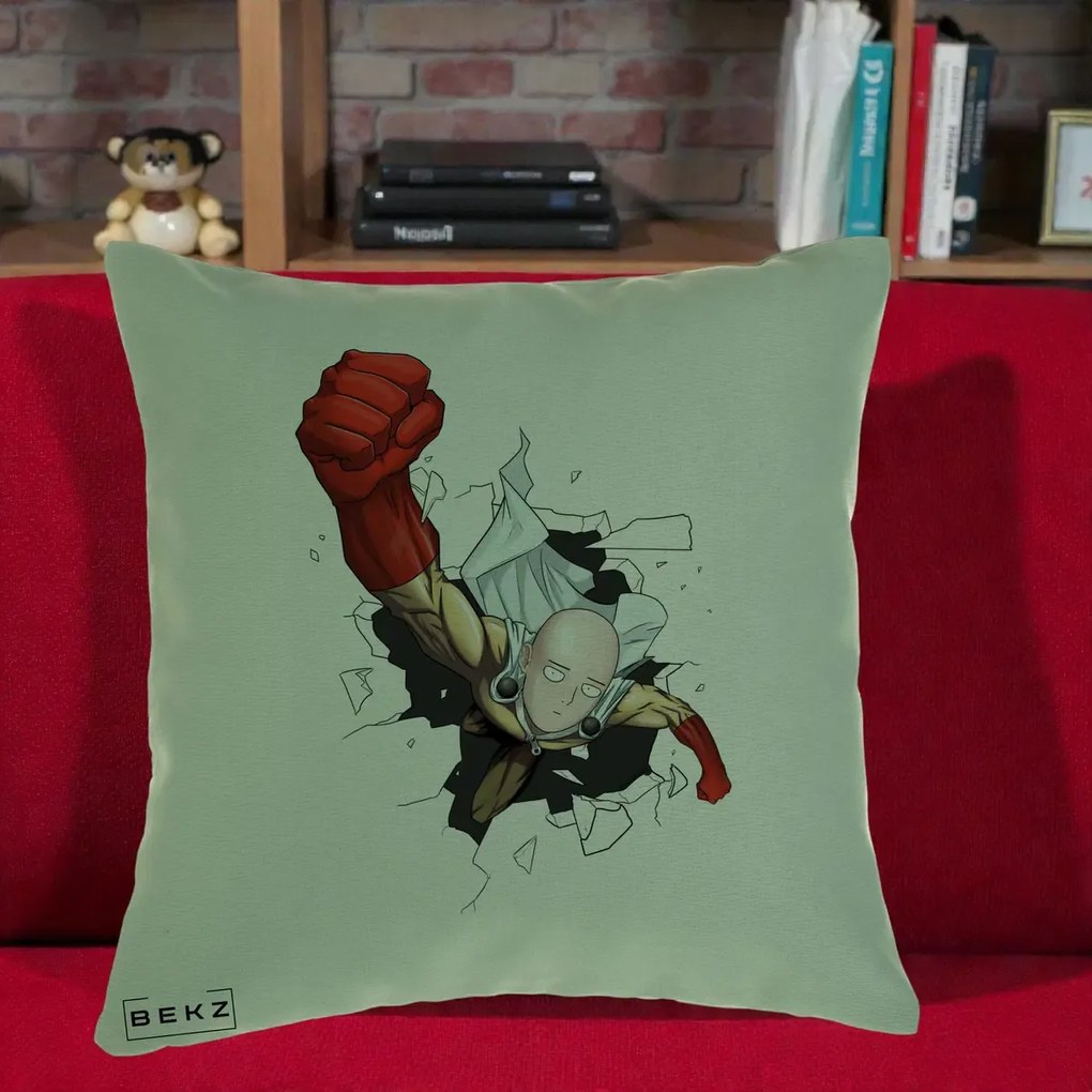 Perna Personalizata One Punch Man Saitama Pumn, 40x40 cm, Verde, Husa Detasabila, Perna Inclusa, BEKZ®