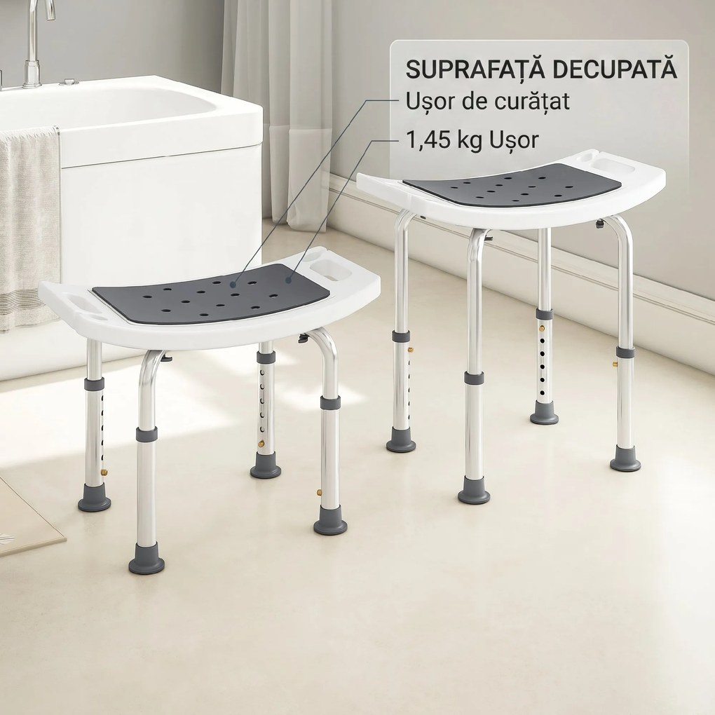 HOMCOM Scaun de Duș din Aluminiu și Plastic Antialunecare, Înălțime Reglabilă 6 Niveluri 39-52cm, Gri | Aosom Romania