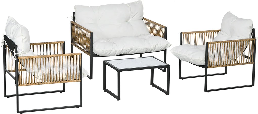 Outsunny Set mobilier grădină 4 piese canapea 2 locuri 2 fotolii și 1 măsuță blat din sticlă securizată 3 perne - cremă | Aosom Romania