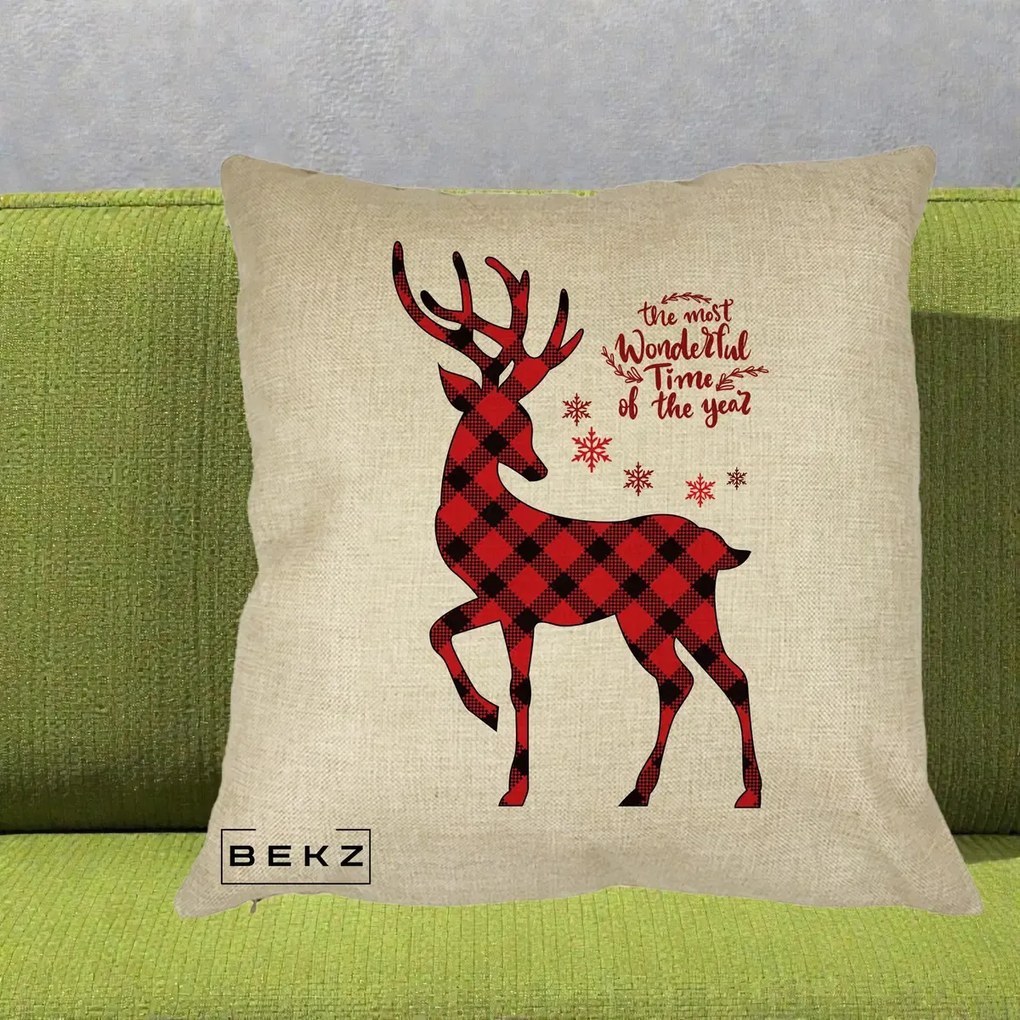 Perna Decorativa Ren Buffalo Plaid Craciun, 40x40 cm, Crem, Husa Detasabila, Perna Inclusa, BEKZ®