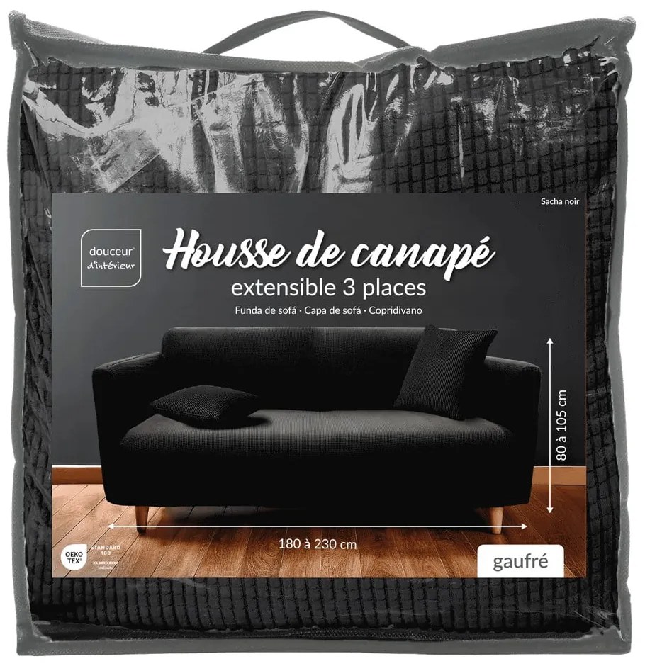 Husă neagră elastică pentru canapea cu 3 locuri Sacha – douceur d'intérieur