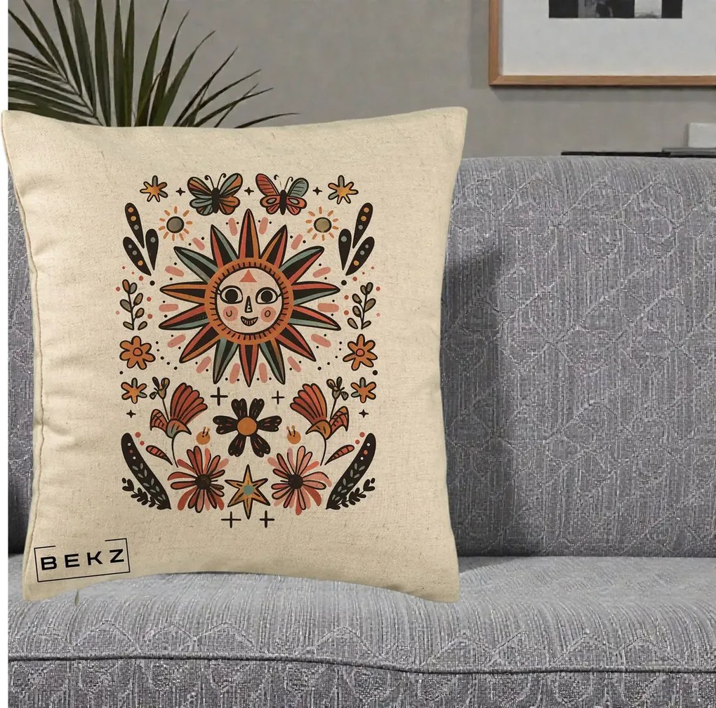 Perna Decorativa Soare Boho Folk Fluturi, 40x40 cm, Bej, Husa Detasabila, Perna Inclusa, BEKZ®
