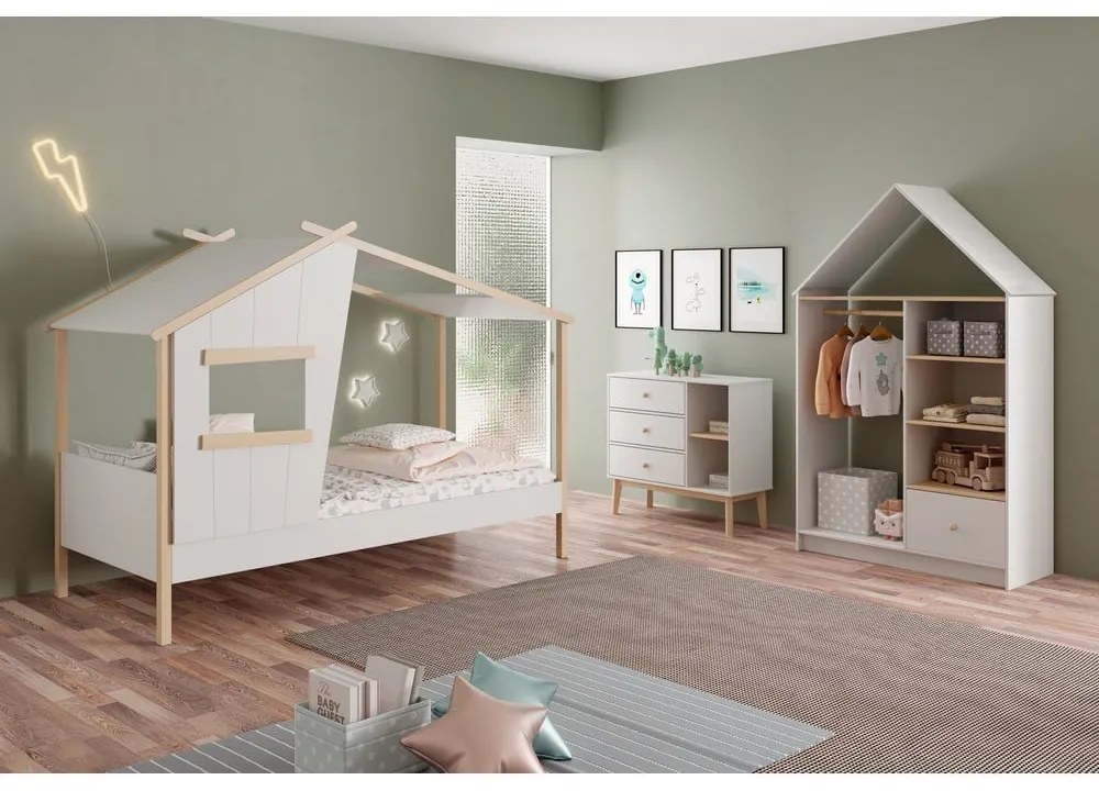 Pat pentru copii alb de tip casă din lemn de pin 90x190 cm Luba – Marckeric