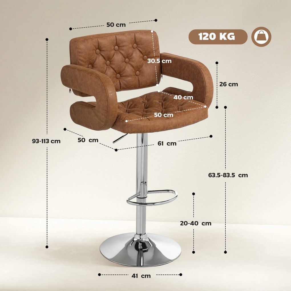 HOMCOM Taburet de Bar cu Înălțime Reglabilă, Scaun Înalt din PU cu Spătar, Suport pentru Picioare, Cotiere și Șezut Moale, Structură din Oțel, Rotativ la 360°, pentru Bucătărie, Maro | Aosom Romania