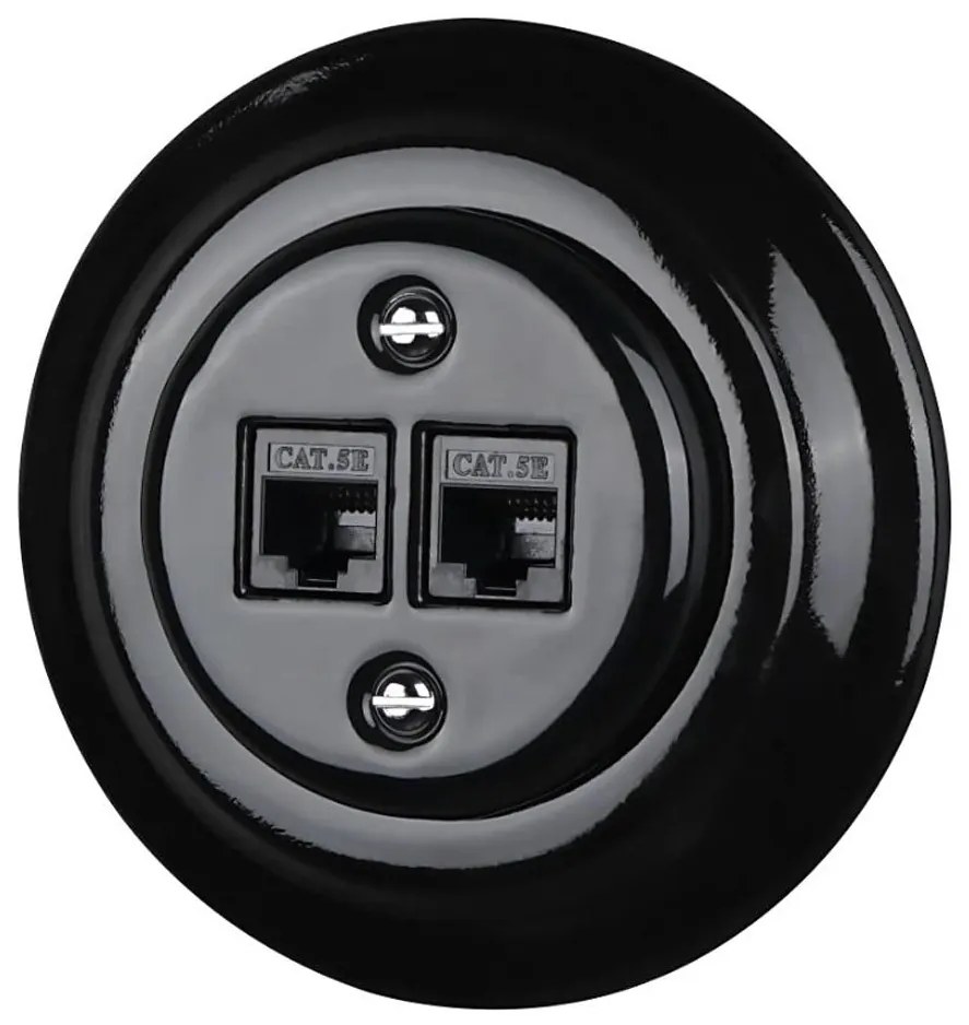 Bohemia-Design - Priză Ethernet retro din porțelan, cu ramă, 2xCAT.5E, neagră