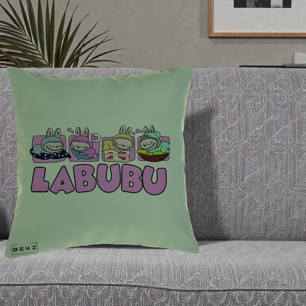 Perna Personalizata Labubu Sleeping Quad, 40x40 cm, Verde, Husa Detasabila, Perna Inclusa, BEKZ®