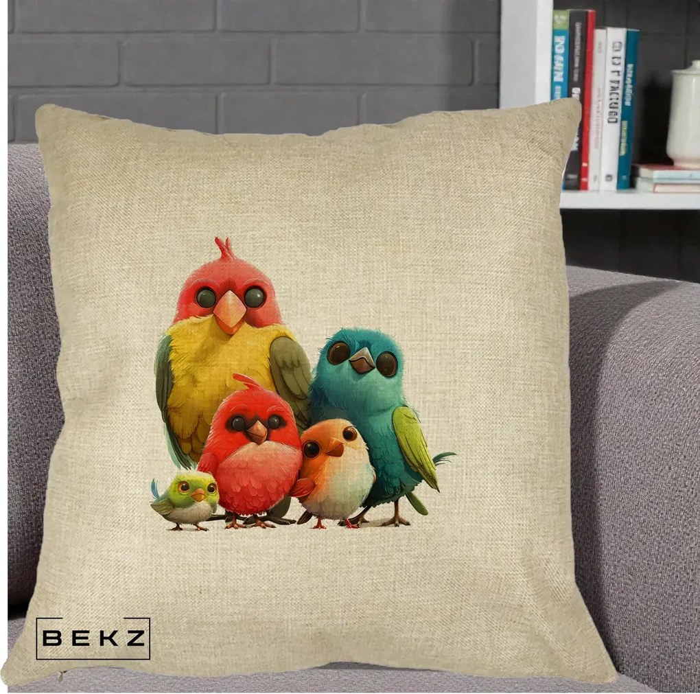 Perna Decorativa Familie de Pasarele Colorate, 40x40 cm, Crem, Husa Detasabila, Perna Inclusa, BEKZ®