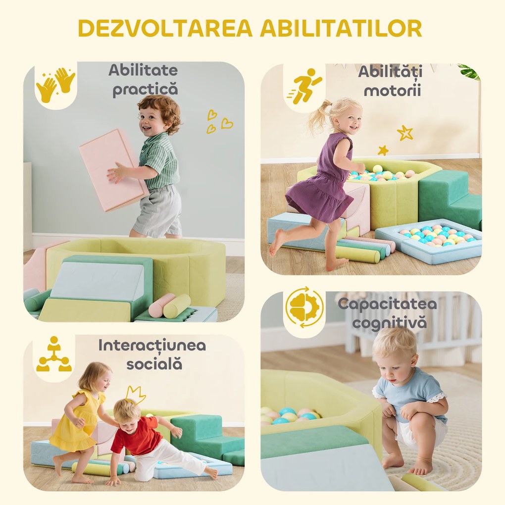 AIYAPLAY Set 15 Blocuri de Construcții Moi Modulabile pentru Copii cu 200 de Mingi pentru Uz Intern, Multicolor | Aosom Romania
