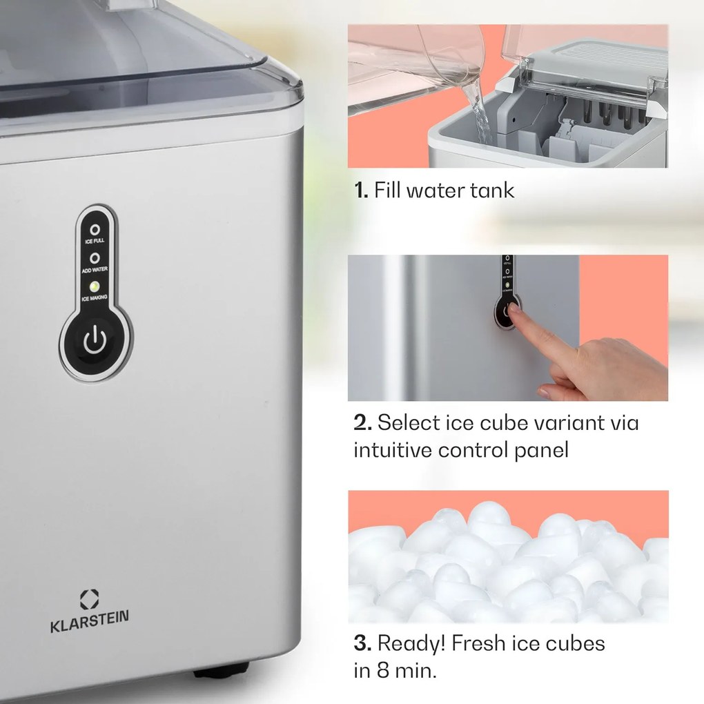 Klarstein Chillout, aparat pentru gheață, bucăți rotunde de gheață, 12 kg / 24 ore, rezervor de apă: 1,5 l, argintiu