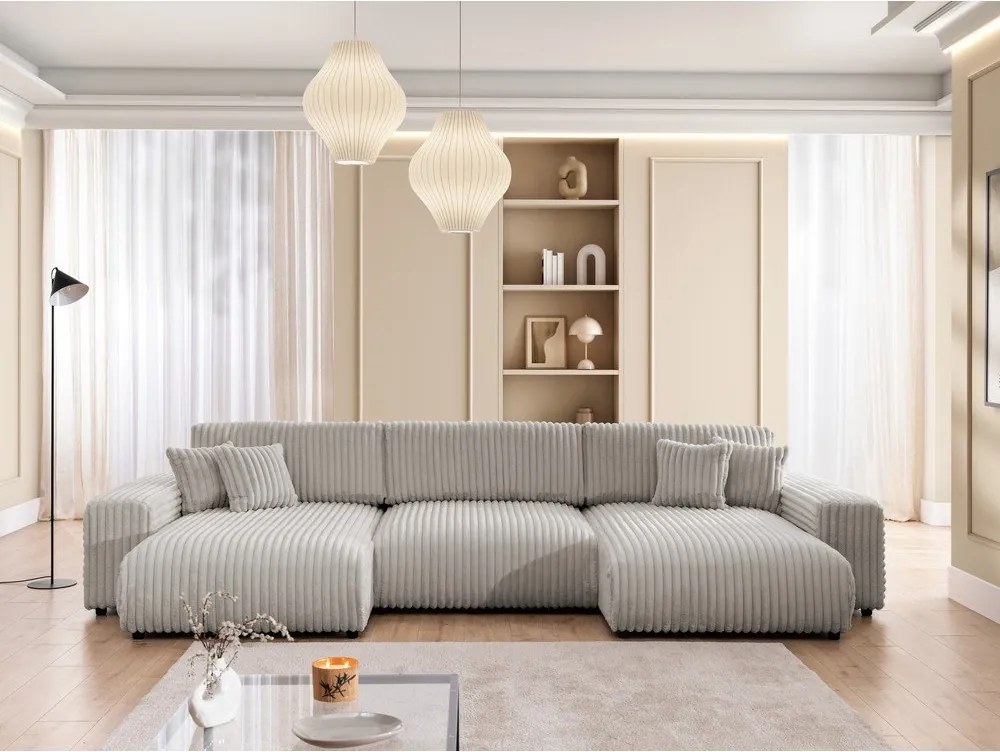 Colțar gri deschis extensibil/cu spațiu de depozitare cu tapițerie din catifea reiată (în formă de "U") Sarina – Ropez