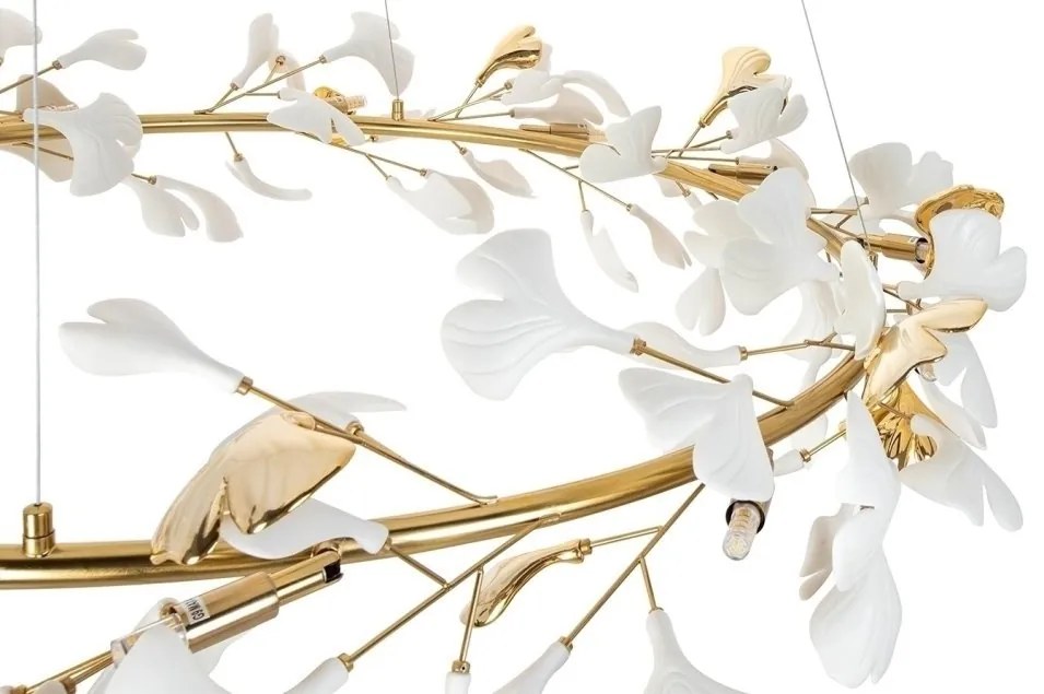 Lustra Suspendata, Metal Auriu, Petale Flori Albe Ceramice, FLORA 120