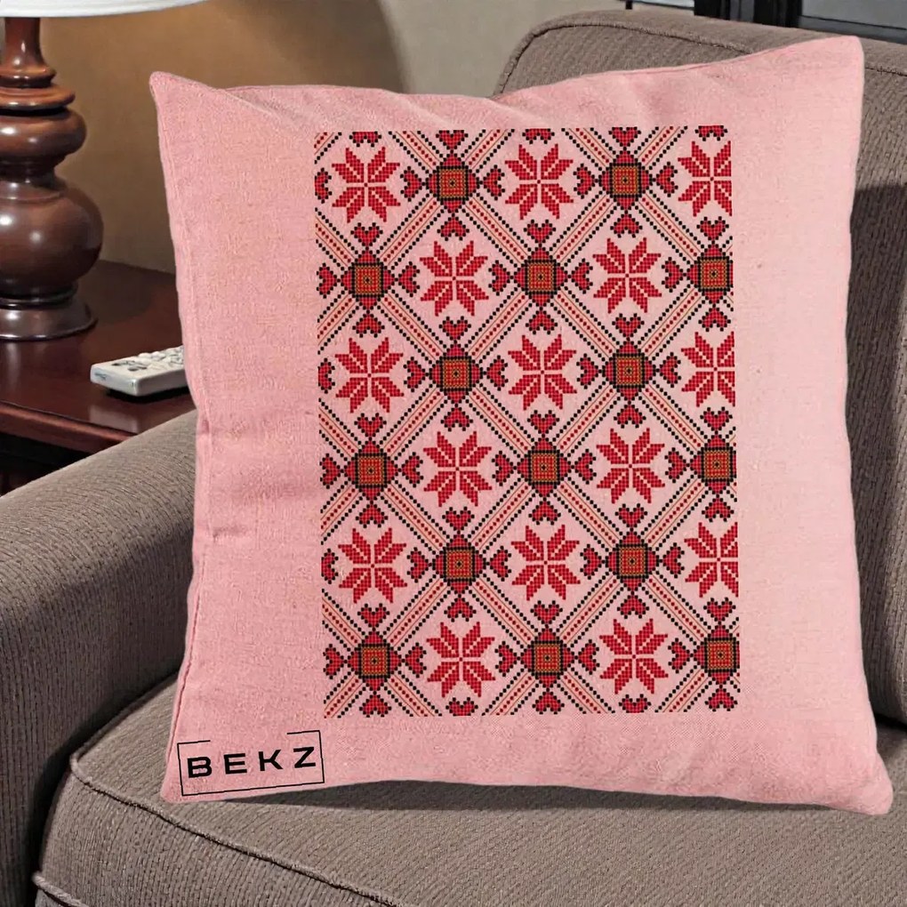 Perna Personalizata Motiv Traditional Ie Romaneasca Rosu, 40x40 cm, Roz, Husa Detasabila, Perna Inclusa, BEKZ®
