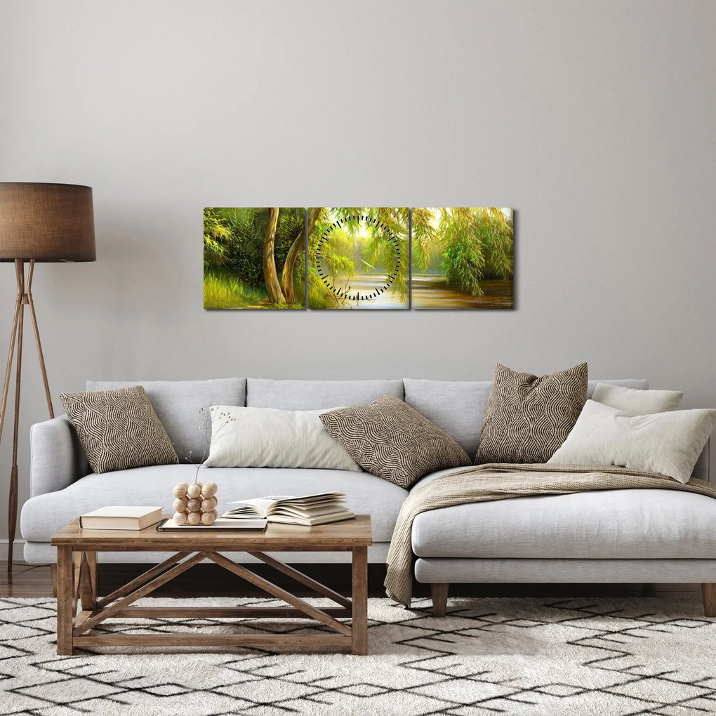 Tablou - Salcie lângă lac, pictură în ulei (cu ceas) (90x30 cm)