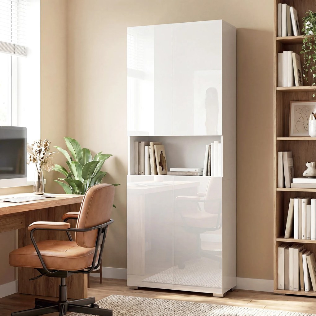 HOMCOM Dulap Bucătărie Înalt 180cm, Mobilier Depozitare cu Uși Soft-Close, Raft Deschis, 2 Dulapuri, Rafturi Ajustabile, Stil Modern pentru Sufragerie sau Bucătărie, Alb Lucios | Aosom Romania