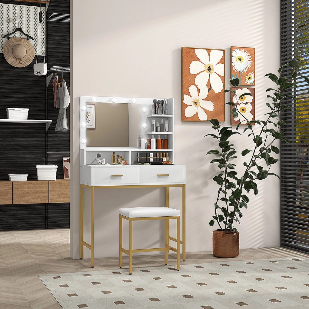 HOMCOM Masă de Machiaj cu Oglindă LED, Scaun și Rafturi, 80x40x138 cm, Alb | Aosom Romania