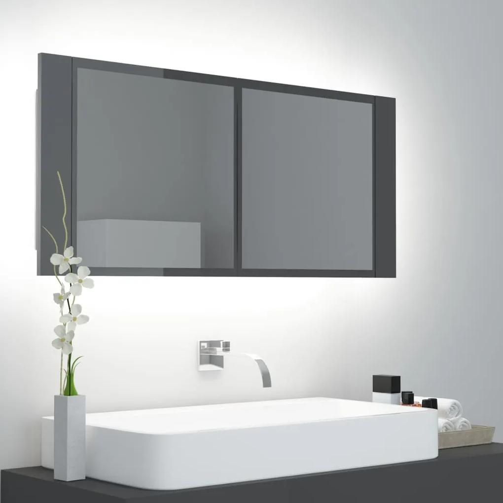 Dulap de baie cu oglinda si LED, gri extralucios, 100x12x45 cm gri foarte lucios