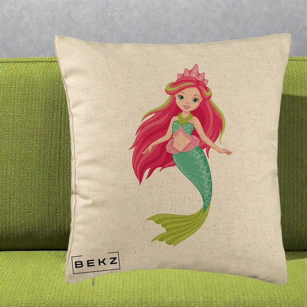 Perna Decorativa Sirena Roz cu Coroana, 40x40 cm, Bej, Husa Detasabila, Perna Inclusa, BEKZ®