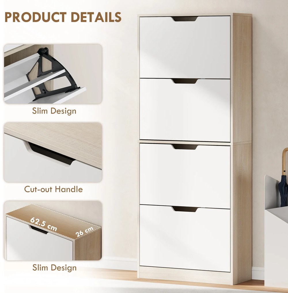 HOMCOM Dulap Subțire pentru Pantofi cu 4 Sertare pentru 16 de Perechi de Pantofi 62.5x26x156 cm, Culoare Lemn și Alb | Aosom Romania