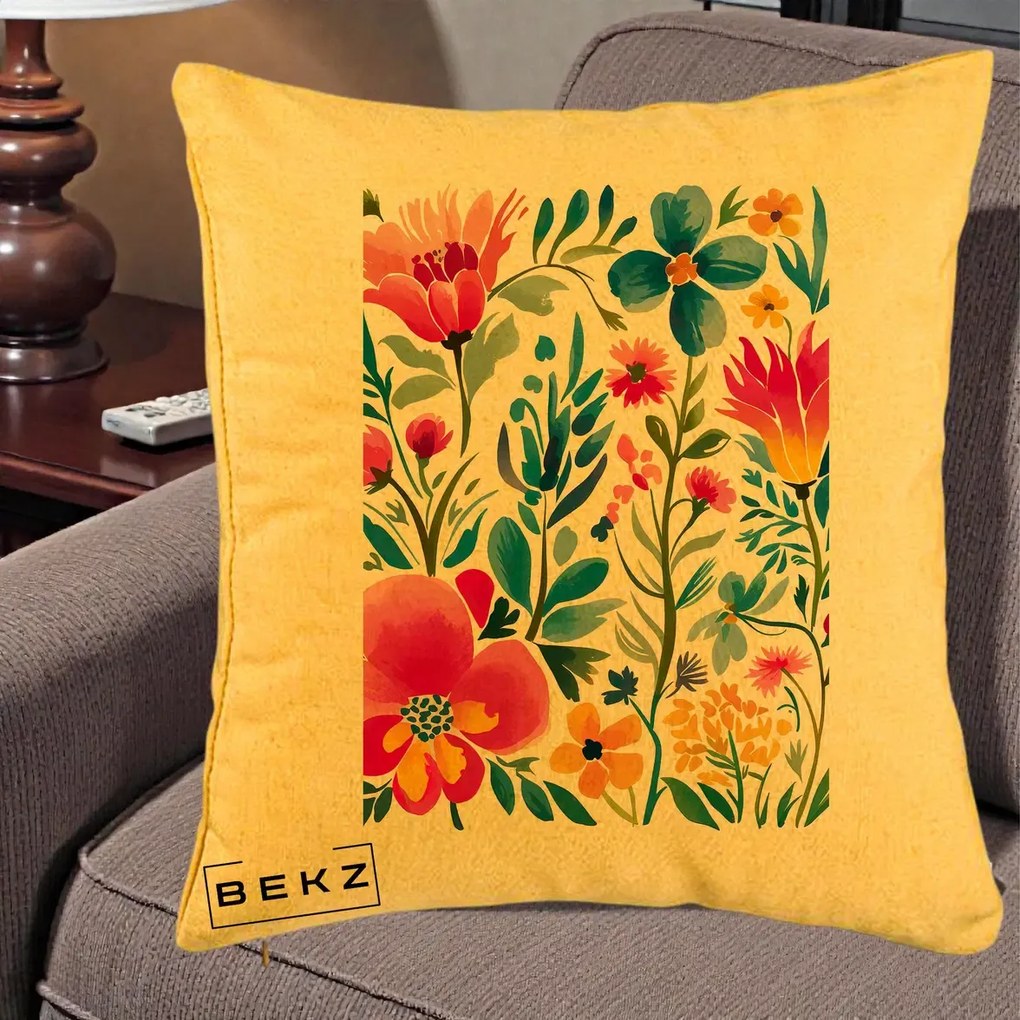 Perna Decorativa Gradina Florala Acuarela Colorata, 40x40 cm, Galben, Husa Detasabila, Perna Inclusa, BEKZ®