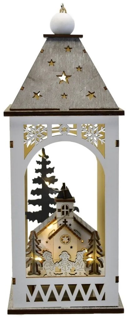 Lanterna din lemn cu motiv de Crăciun și iluminare LED, 11 x 29 cm, alb cald