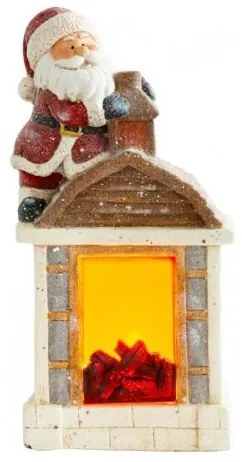 Decoratiune Craciun, ceramica, Mos Craciun cu semineu, LED, 3xAA, 27.5x19x51 cm