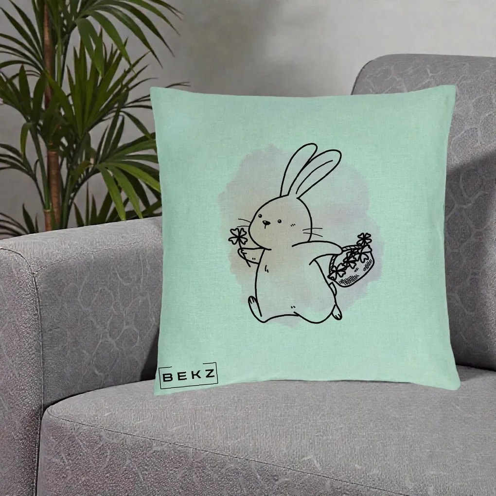Perna Decorativa Iepuras Kawaii cu Cosulet Floral, 40x40 cm, Verde Menta, Husa Detasabila, Perna Inclusa, BEKZ®