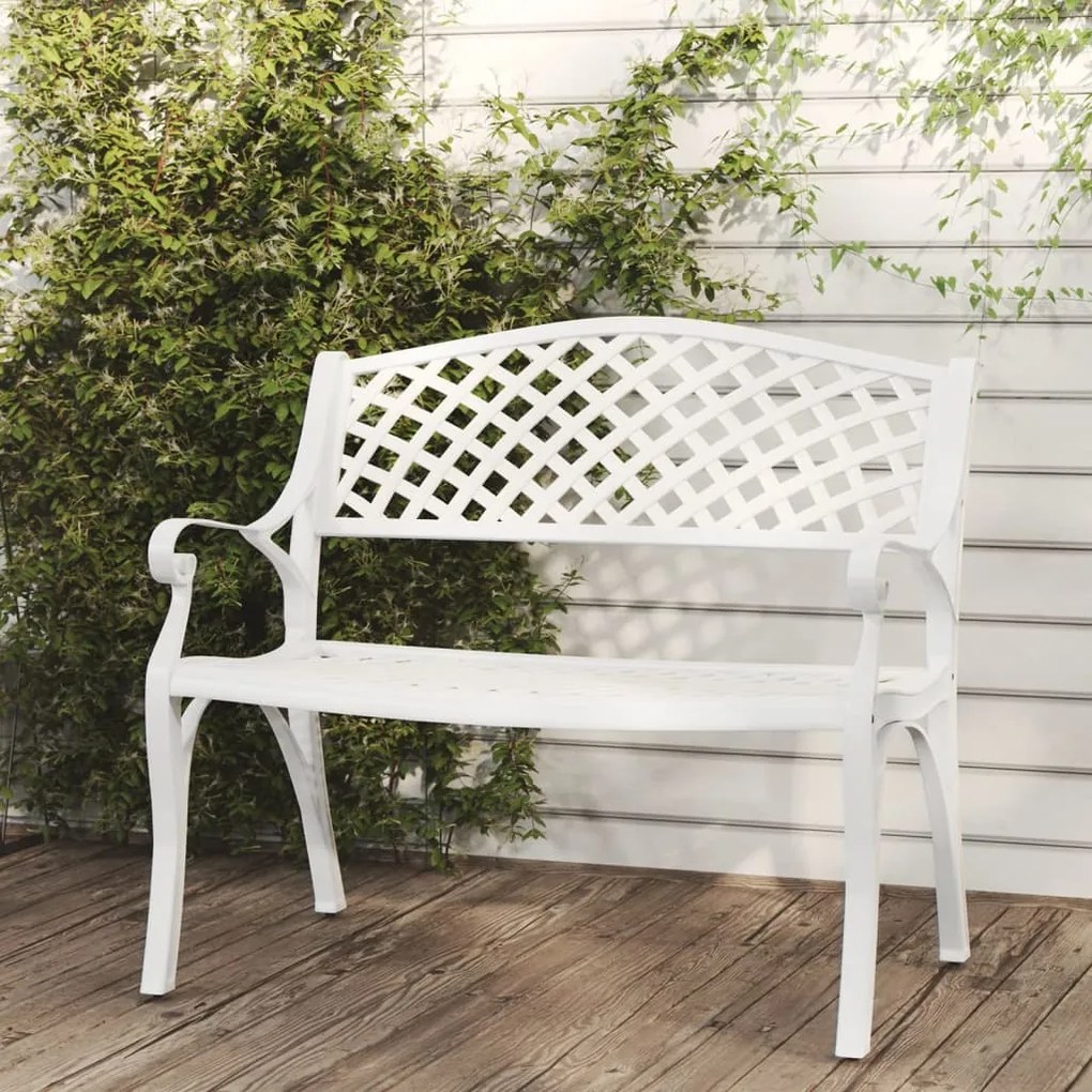 317746 vidaXL Bancă de grădină, alb, 102 cm, aluminiu turnat
