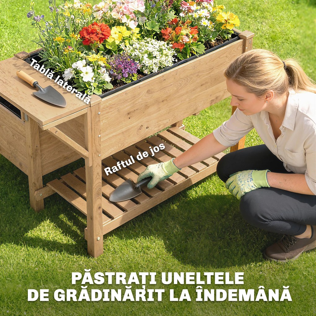 Outsunny Jardinieră Înălțată pe 2 Niveluri cu Rafturi Laterale și Inferior, Fabricată din Lemn de Brad cu Căptușeală și Orificii de Drenare, pentru Flori și Legume, 119,5x102x76,5cm, Maro Deschis | Aosom Romania