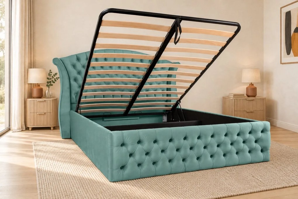 Pat tapițat Chesterfield din catifea Sorella Simple 140×200 cm, verde marin, cu ladă de depozitare