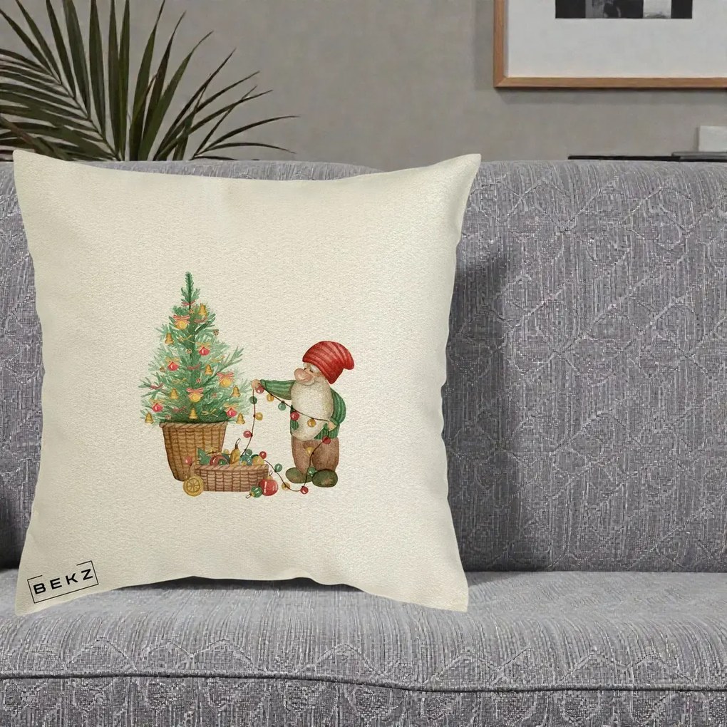 Perna Decorativa Pitic de Craciun cu Brad, 40x40 cm, Ecru, Husa Detasabila, Perna Inclusa, BEKZ®