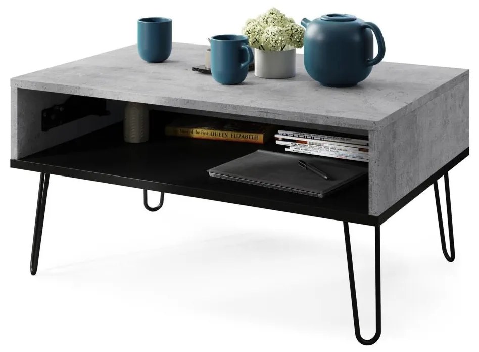 Masă de cafea HALIJA cu mecanism de ridicare a blatului și poliță, gri beton/negru