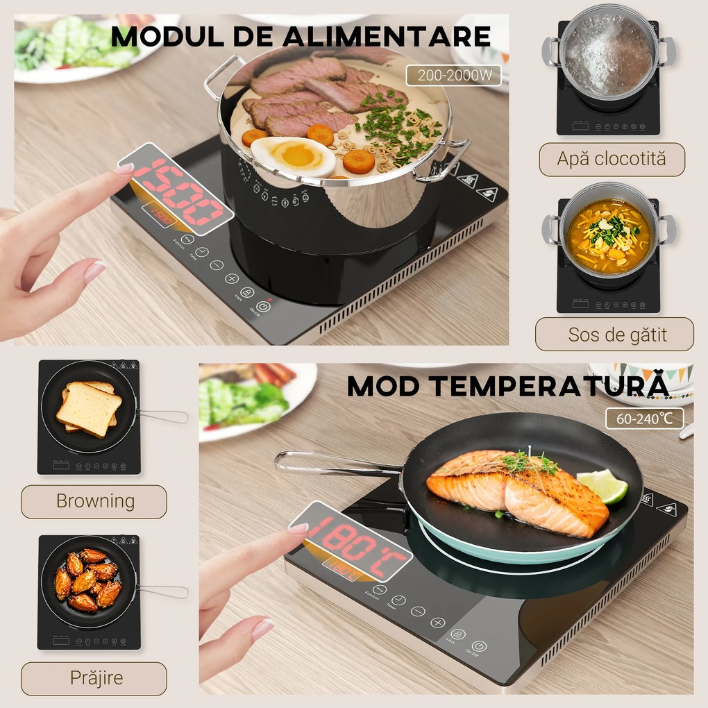 HOMCOM Placă Inducție 2000W Temperatură Reglabilă, Plastic și Sticlă, 31x27x4.2 cm, Negru | Aosom Romania