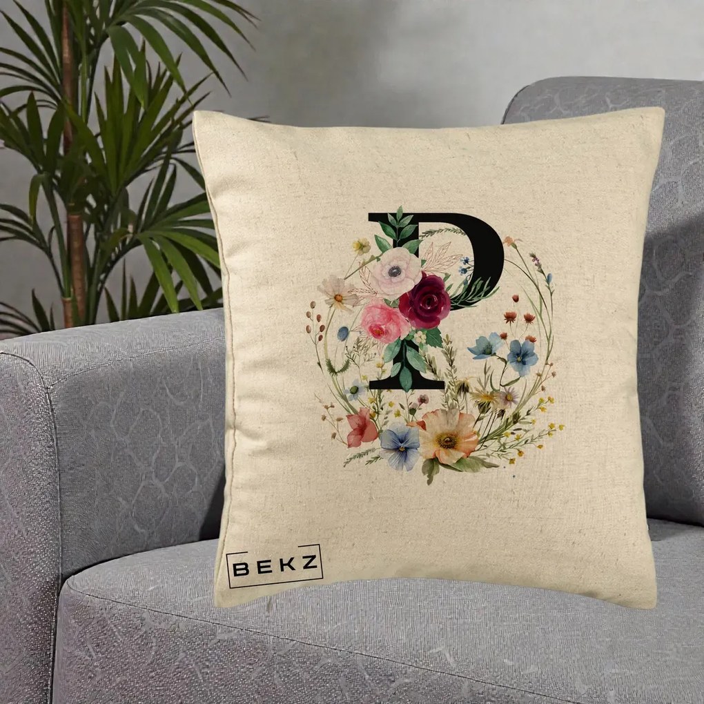 Cadou Personalizat - Perna Personalizata Monogram Litera P cu Flori Acuarela, 40x40 cm, Bej, Husa Detasabila, Perna Inclusa, BEKZ®