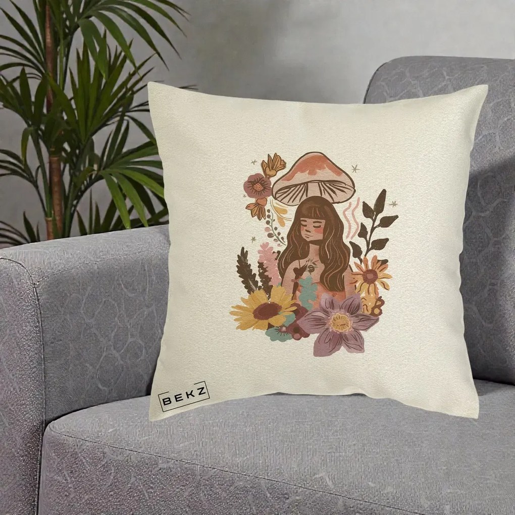 Perna Decorativa Fata Ciuperca Boho Florala, 40x40 cm, Ecru, Husa Detasabila, Perna Inclusa, BEKZ®