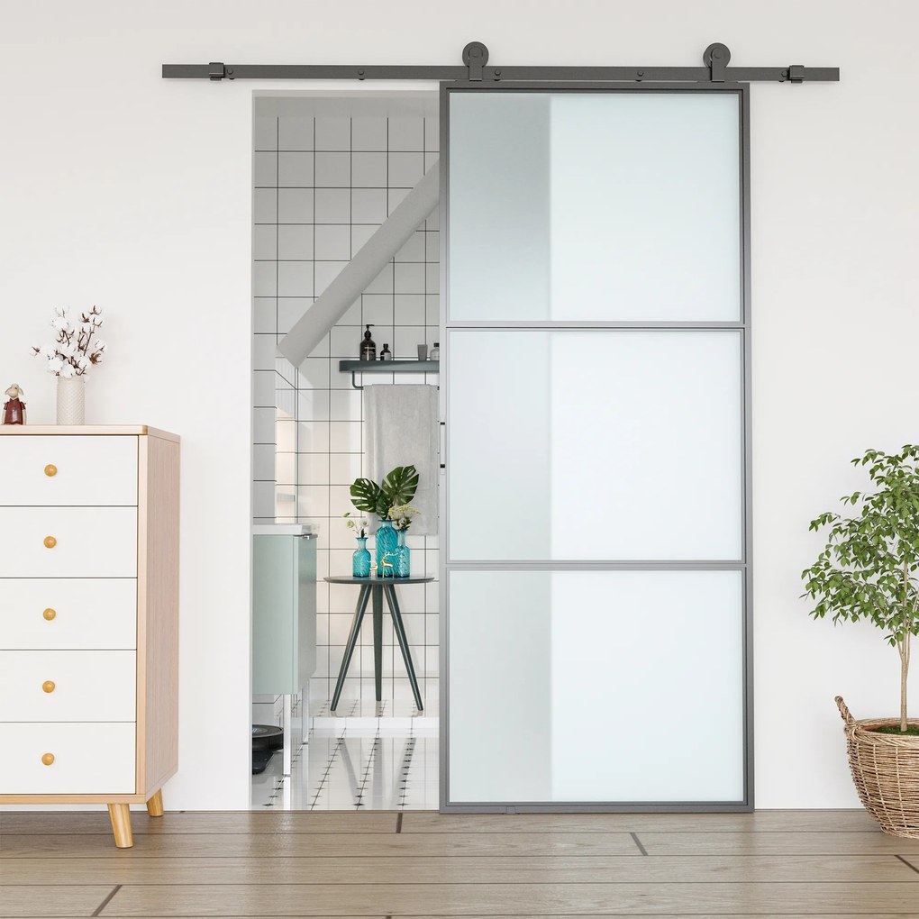 HOMCOM Set feronerie ușă culisantă, oțel carbon, suport 100 kg, pentru uși lemn 3.5-4.5 cm | Aosom Romania