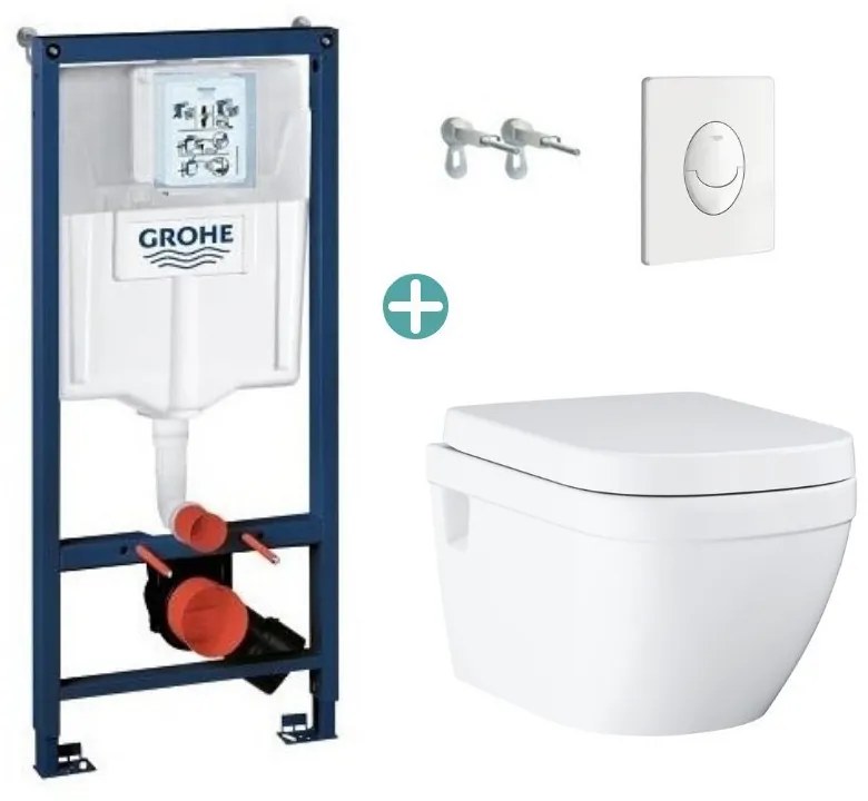 Set rezervor Grohe Rapid SL cu clapeta Skate Air alba si vas wc Grohe Euro Ceramic Rimless prindere la vedere capac soft close