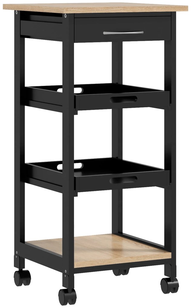 HOMCOM Cărucior de servire pentru bucătărie pe roți, 2 tăvi detașabile, sertar, raft, stejar deschis, lemn de pin, negru | Aosom Romania