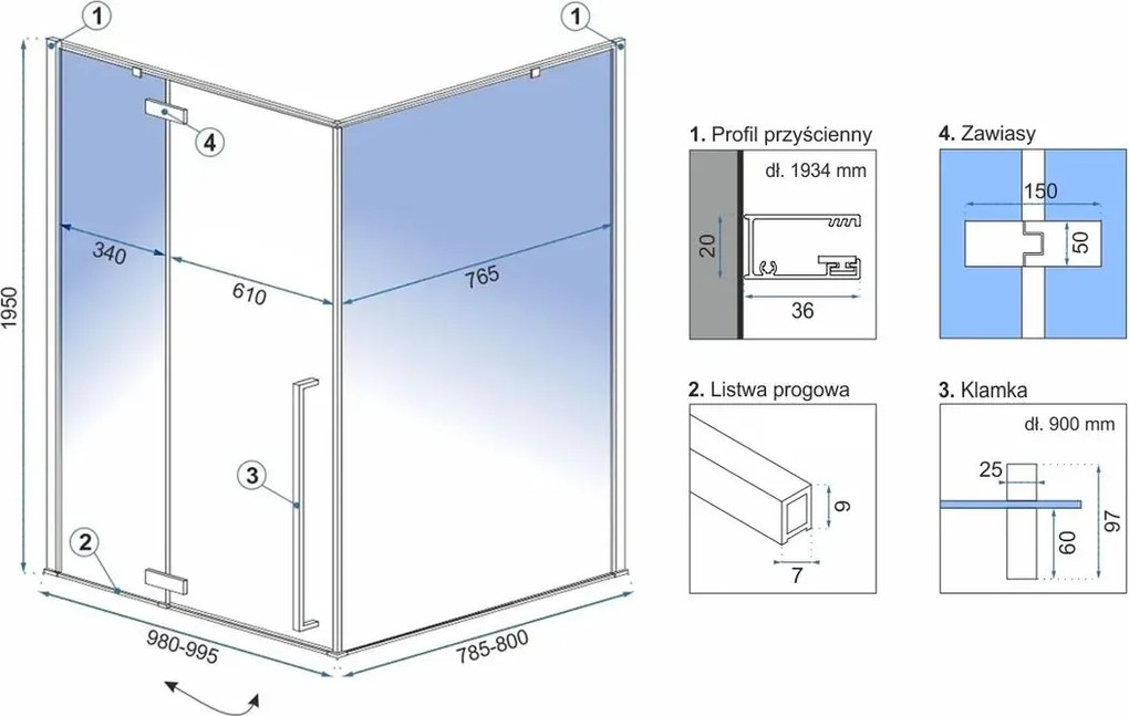 Cabina de dus Fargo cu cadita neagra 100x80 auriu
