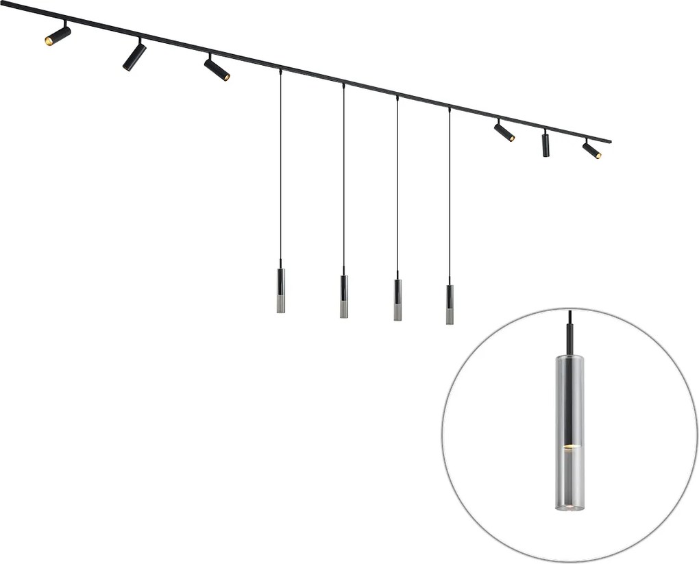 Sistem de iluminat pe șină modern negru cu 6 spoturi și 4 lumini suspendate monofazate - Slimline Uzzy Loyce