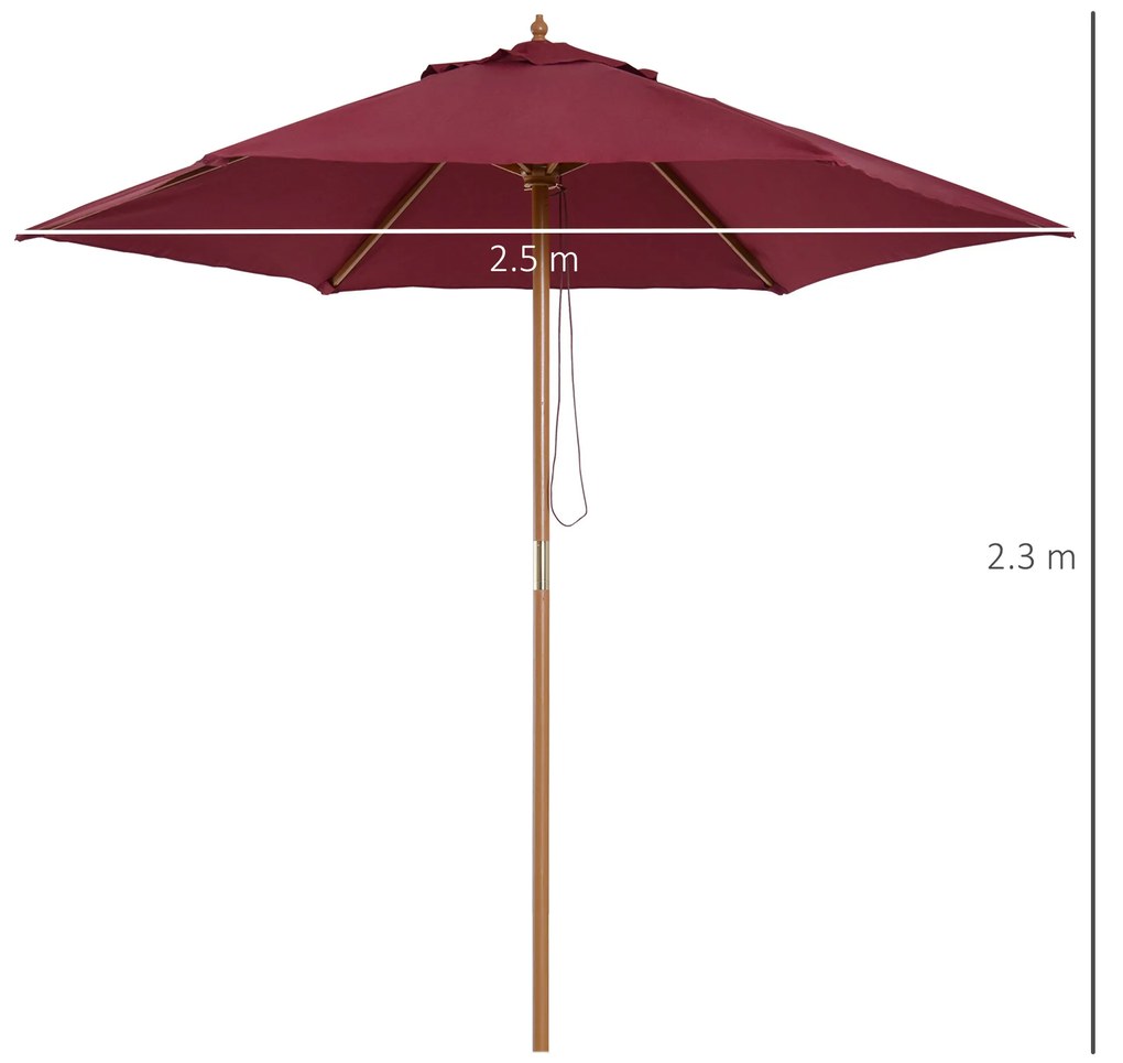 Outsunny Umbrelă de Soare din Lemn, Protecție UV, Φ2.5m, Culoare Bordo | Aosom Romania